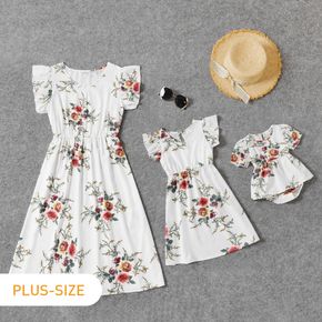 Allover Plant Print Short-sleeve Matching White Midi Plus Size Dresses