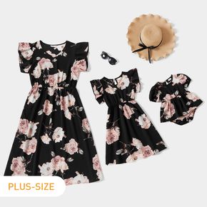 Floral Print Black Ruffle Sleeve Midi Dress for Mom and Me
