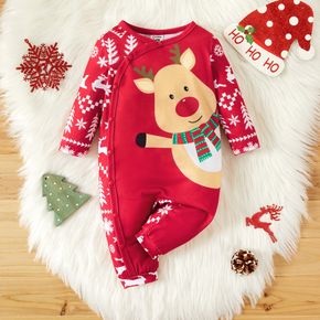 Christmas Cartoon Reindeer Print Red Baby Boy/Girl Long-sleeve Jumpsuit