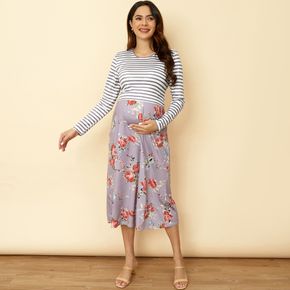 Nursing Round Neck  Long-sleeve Stripe Floral Print 2 In 1 Dress