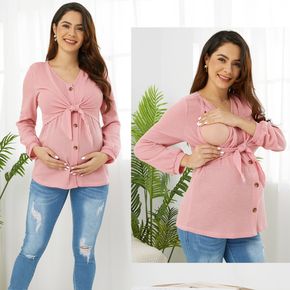 Nursing Pink Twist knot Button V Neck Long-sleeve Maternity Top