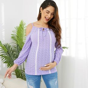 Maternity Casual Lace Decor Cold Shoulder T-shirt