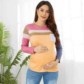 Maternity Color Block Round Neck Long-sleeve Tee