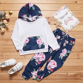 2-piece Kid Girl Floral Print Pocket Hoodie Sweatshirt and Elasticized Pants Set