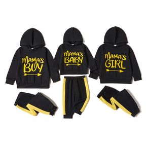 Letter Print Black Sibling Matching Long-sleeve Hoodies and Trousers Sets