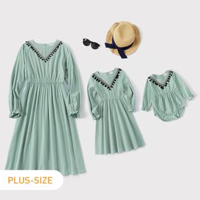100% Cotton Green Ruffle and Pom Poms Decor Long-sleeve Dress for Mom and Me