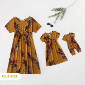 Plant Print Short-sleeve Round Neck Belted Midi Dress for Mom and Me