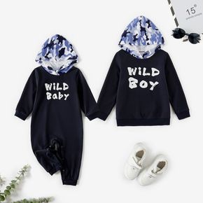 Letter Print and Camo Hooded Long-sleeve Navy Sweatshirt for Brother and Me