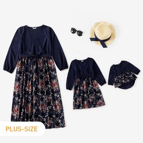 Navy Cross Front V-neck Waist Tie Long-sleeve Splicing Floral Print Dress for Mom and Me
