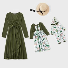 Dinosaur Print Army Green Long-sleeve Belted Midi Dress for Mom and Me