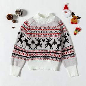 Kid Girl Christmas Deer Geo Pattern Mock Neck Knit Sweater