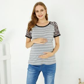 Maternity Leopard Print Stripe Splice Round Neck Short-sleeve Top