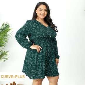 Frauen plus Größe elegant Tupfen-V-Design Hals Langhülse Knopf Midi-Kleid