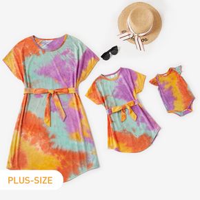 Tie Dye Print Belted Short Sleeve T-shirt Midi Dress for Mom and Me