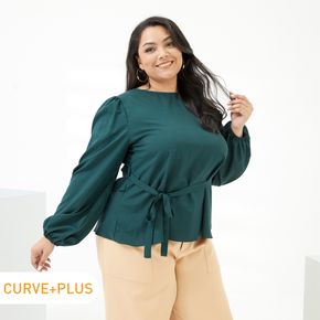 Women Plus Size Elegant Round-collar Puff-sleeve Tie Belt Green Blouse