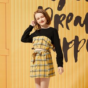2-piece Kid Girl Round-collar Plaid Splice Long-sleeve Top and Plaid Bowknot Button Design Skirt Set