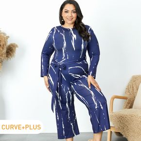 Women Plus Size Vacation Round-collar Back Hollow out Long-sleeve Belted Jumpsuit