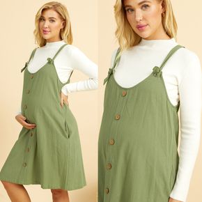 Maternity Solid Button Decor Sleeveless Strap Dress