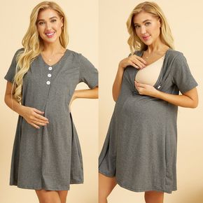 Half Button V Neck Short-sleeve Grey Maternity Dress
