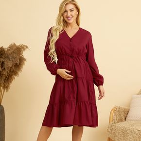 Maternity Red V Neck Long-sleeve Ruched Tiered Dress