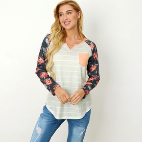 Maternity Floral Striped Panel Patch Pocket Long-sleeve T-shirt