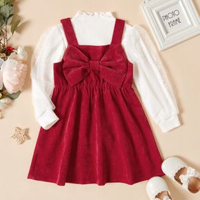 2-piece Toddler Girl Mock Neck Ribbed Long-sleeve White Top and Bows Design Red Overall Dress Set