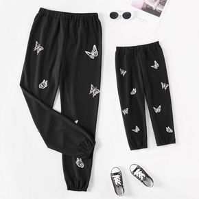 Butterfly Print Black Elasticized Casual Sweatpants Trouser for Mom and Me