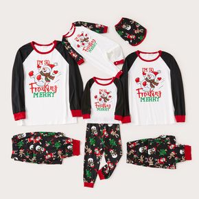 boneco de neve de natal e letras com estampa familiar preta combinando com conjuntos de pijama de manga comprida (resistente ao fogo)