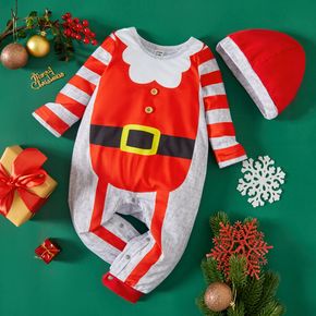 Christmas 2pcs Baby Girl Red Striped Long-sleeve Jumpsuit Santa Outfits Set