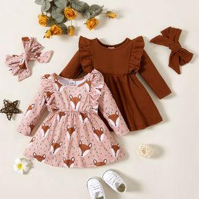 Baby Girl 2pcs Ribbed Solid Brown/ Fox Print Ruffle Long-sleeve Dress Set