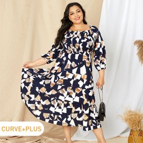 Women Plus Size Elegant Ruffled Square Neck Geo Print 3/4 Sleeve Midi Smocked Dress