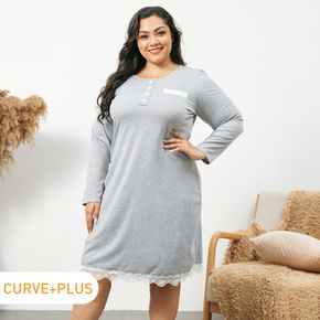 Women Plus Size Basics Round-collar Lace Hem Long-sleeve Nightdress