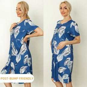 Leaf Print Button Front Back Short-sleeve Maternity Nightdress