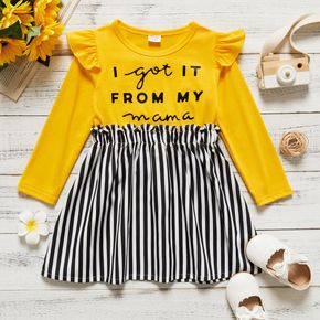 Toddler Girl Letter Print Ruffled Stripe Stitching Long-sleeve Dress