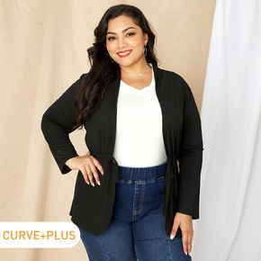 Women Plus Size Casual Tie Front Black Sweater Cardigan