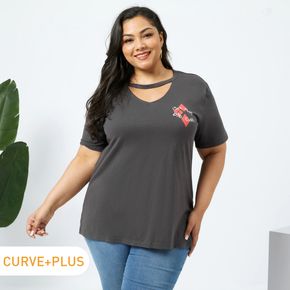 Women Plus Size Casual Letter Print V Neck Long-sleeve Tee