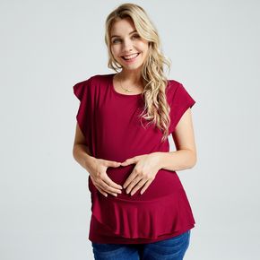 Solid Color Ruffle Splice Round Neck Short-sleeve Maternity Top