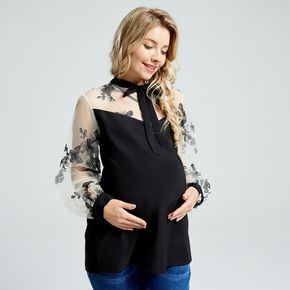 Maternity Black Bowknot Floral Embroidered Contrast Sheer Mesh Yoke Long-sleeve Top