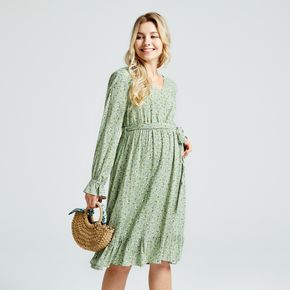 Maternity Tie Back Green Floral Print Belted Dress