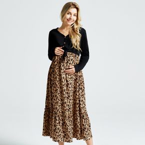 Nursing Leopard Print Splice Half Button V-neck Long-sleeve Dress