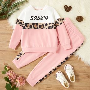 2-piece Toddler Girl Letter Leopard Print Colorblock Pullover and Pants Set