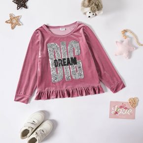 Kid Girl Sequined Letter Pattern Ruffle Hem Pink Velvet Pullover Sweatshirt
