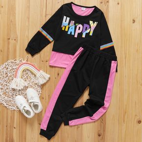 2-piece Kid Girl Letter Print Striped Colorblock Pullover and Elasticized Pants Casual Set