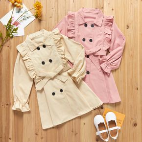 Kid Girl 100% Cotton Lapel Collar Ruffled Double Breasted Belted Trench Coat