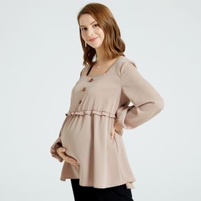 Maternity Solid Color Tie Back Square Neck Half Button Long-sleeve T-shirt