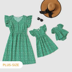 Polka Dot Green V Neck Ruffle Sleeve Midi Dress for Mom and Me