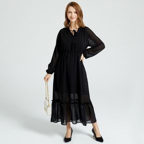 Black Swiss Dot Print V-neck Long-sleeve Tiered Midi Dress