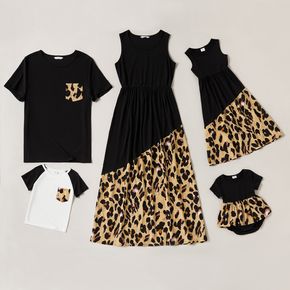 Leopard Splicing Black Family Matching Sets(Tank Midi Dresses and Short-sleeve T-shirts)