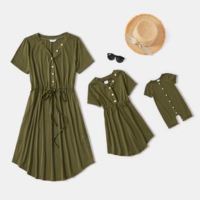 Solid Army Green V-neck Front Button Short-sleeve Drawstring Midi Dress for Mom and Me