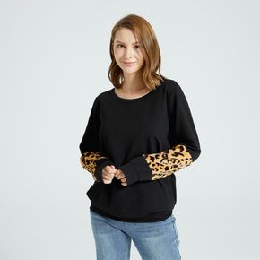 Leopard Spliced Round-collar Long-sleeve Pullover